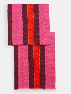 COACH Women's Signature VARSITY STRIPE OBLONG SCARF Pink / Burgundy NEW